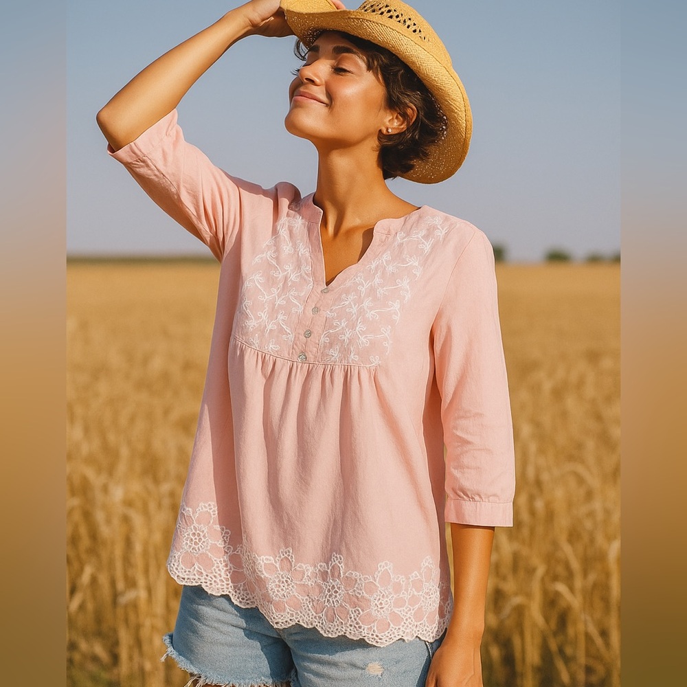 100% cotton smock floral embroidered hem & chest Anna Bella v neck M peach